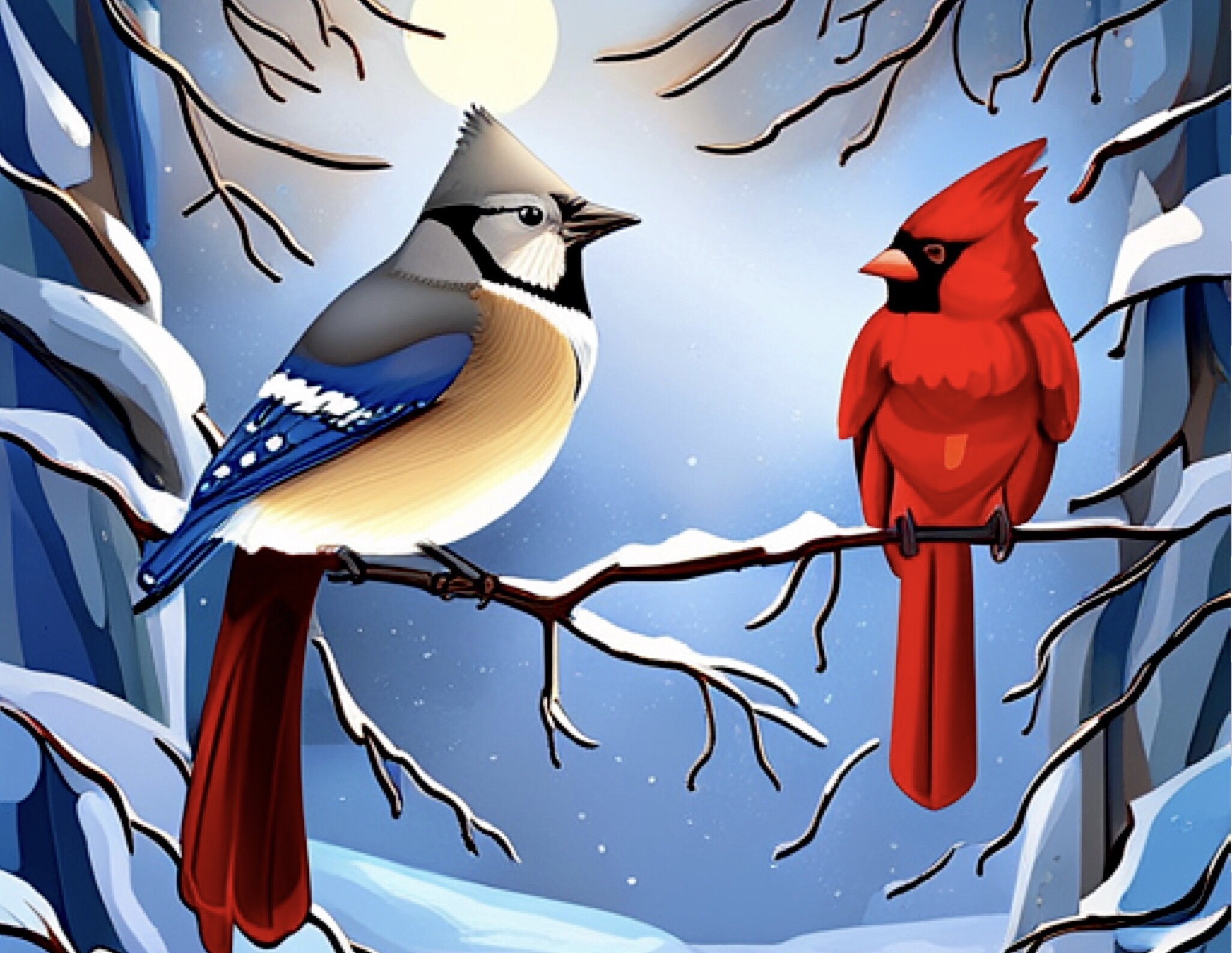 Free Coloring Page Printable: Blue Jay and Cardinal in Winter