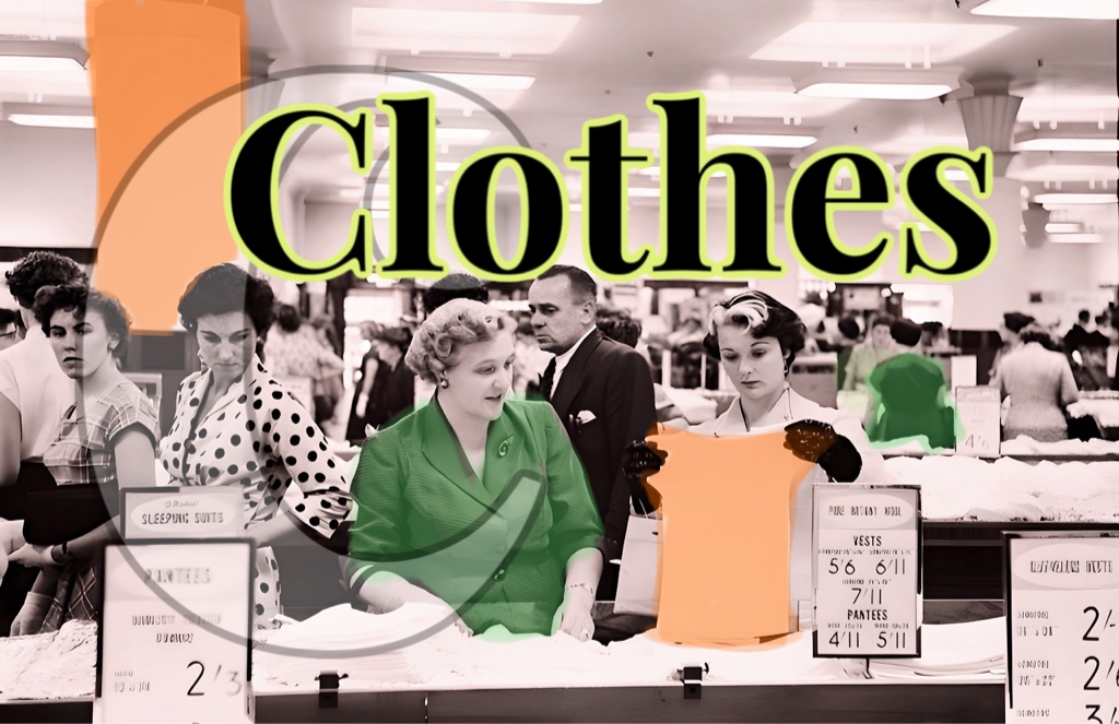 People shopping for clothes/Title card